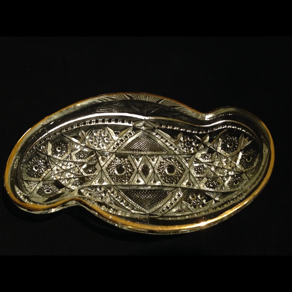 Vintage McKee Glass Fentec Crystal Clear w/Gold Trim Olive Dish/Bowl